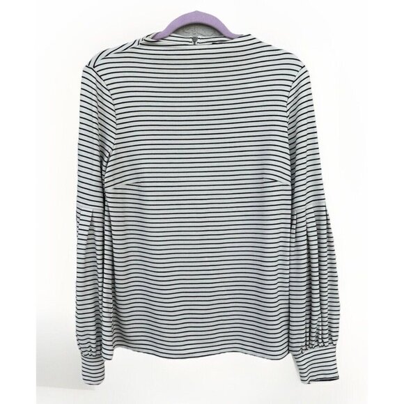 Ann Taylor Womens Medium Mock Neck Top Black White Striped Career Stretch Jersey - Picture 1 of 9